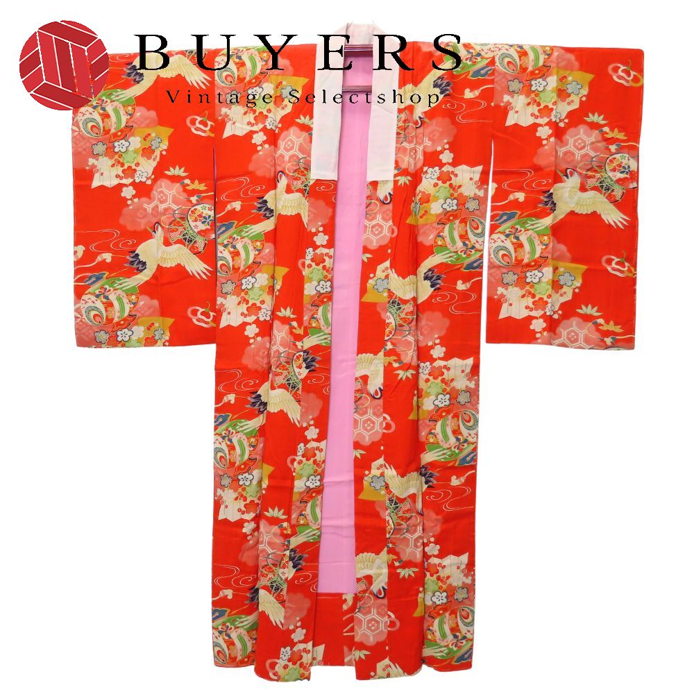 【中古】 子供着物 長襦袢 綿 化学繊維 着丈約128.5cm 裄丈約61cm 朱色 マルチカラー 女の子 七五三 お宮参り 和装 呉服 和服 きもの｜Vintage Selectshop BUYERS