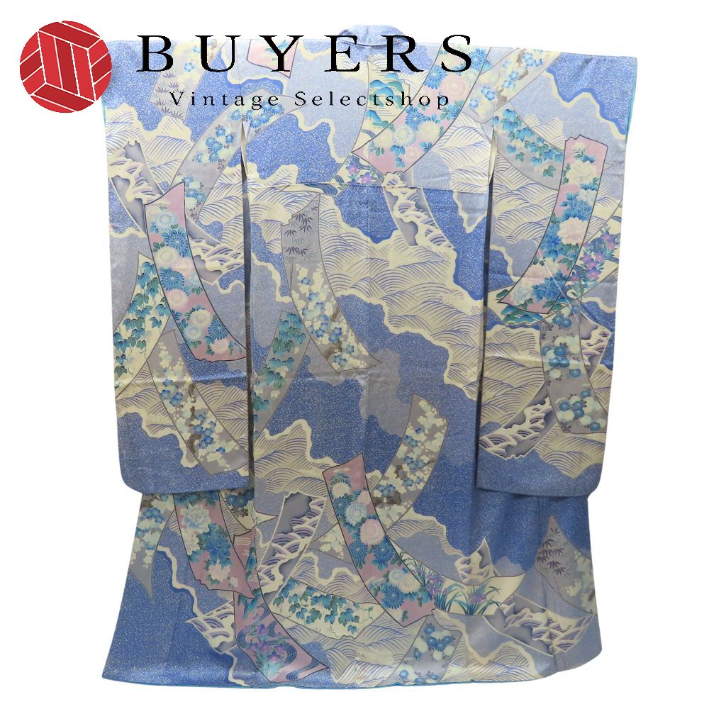 【中古】 振袖 襦袢セット 正絹 ブルー系 ホワイト パープル 草花柄 風景柄 フォーマル 和装 呉服 和服 きもの レディース 女性
