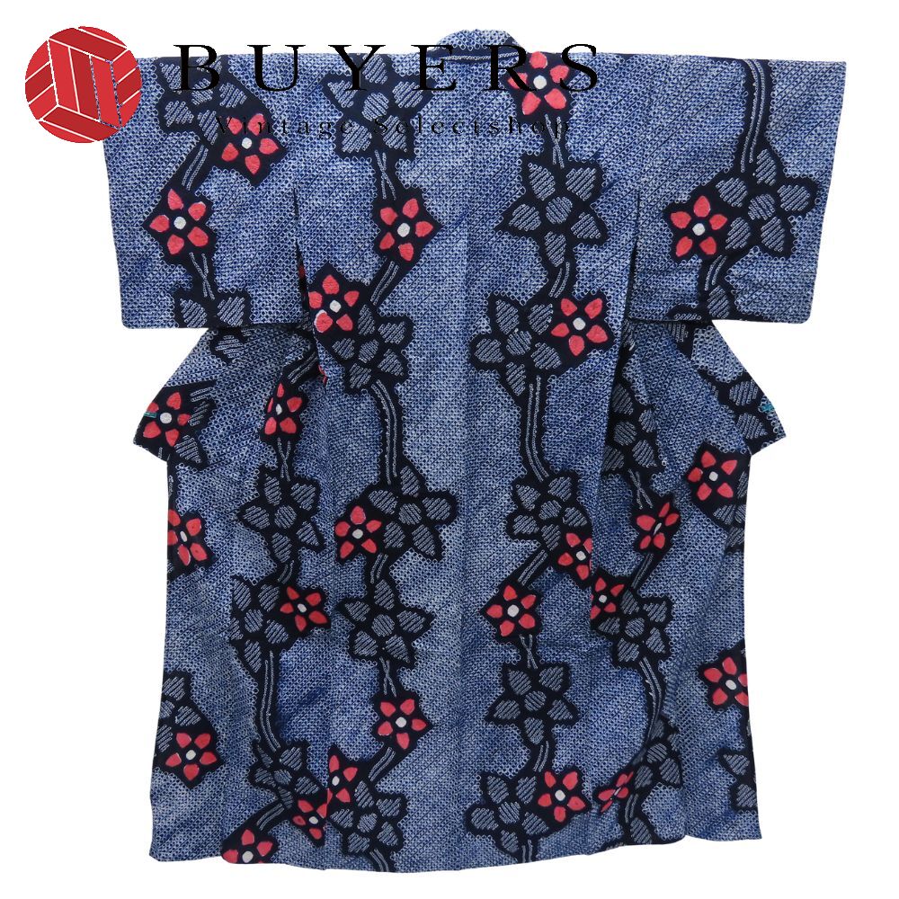 【中古】 浴衣 綿 紺系 総絞り 花柄 和装 呉服 和服 きもの レディース 女性