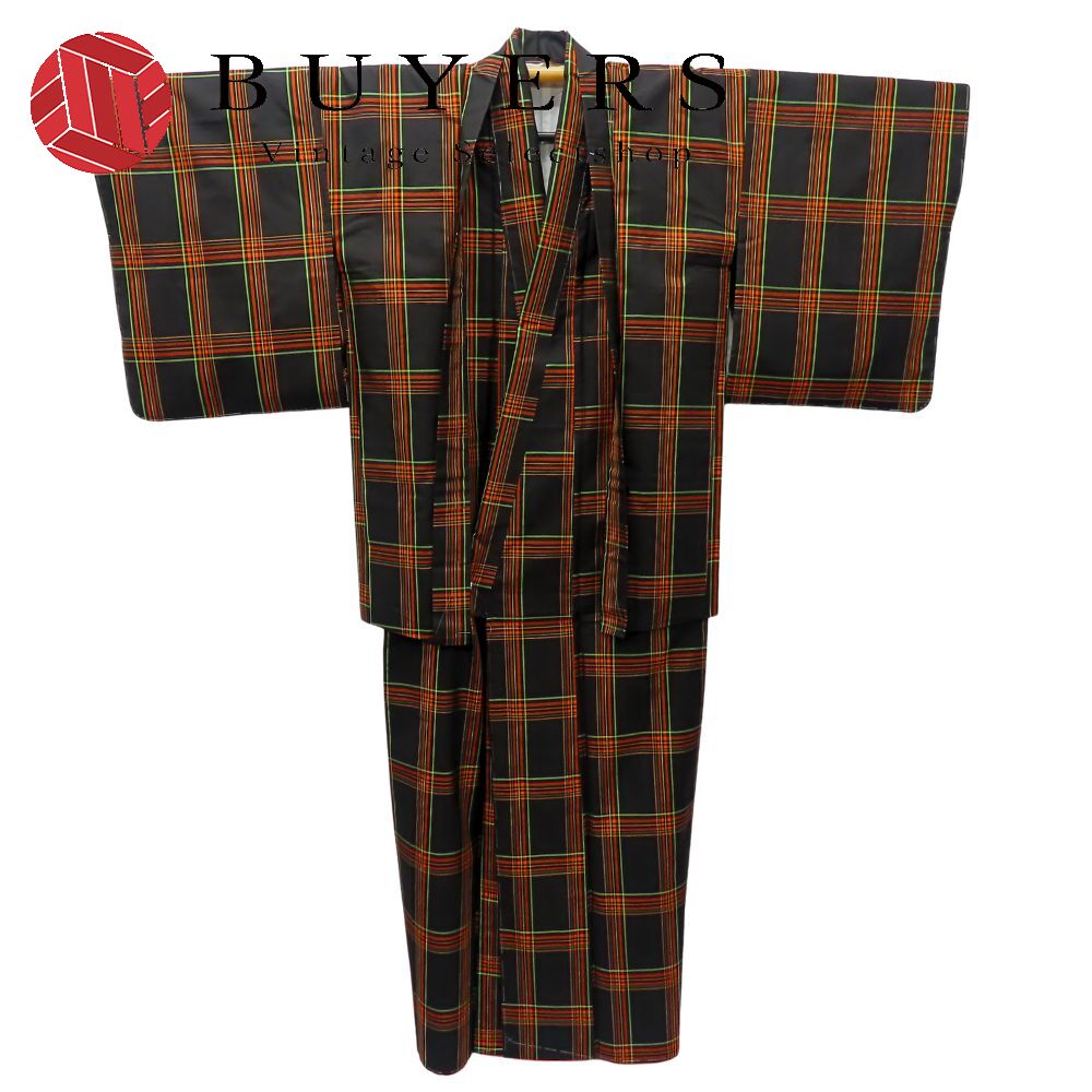 【中古】 着物セット アンサンブル 正絹 ブラウン オレンジ グリーン 紬 和装 呉服 和服 きもの メンズ 男性