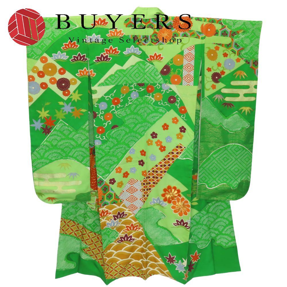 【中古】 振袖 金駒刺繍 正絹(金銀糸除く) グリーン系 マルチカラー 成人式 和装 呉服 和服 きもの レディース 女性 12,705円