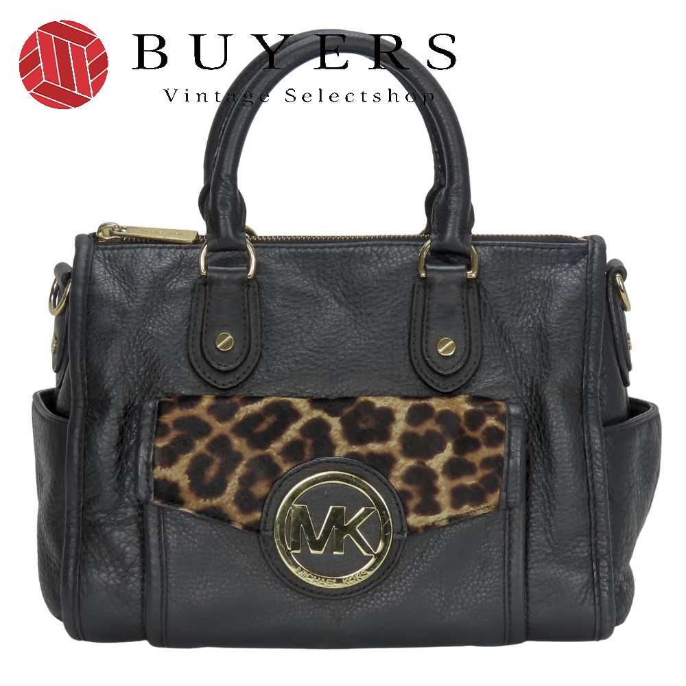 【中古】 マイケルコース ハンドバッグ レザー ブラック ゴールド金具 レオパード ヒョウ柄 レディース 女性 Michael Kors
