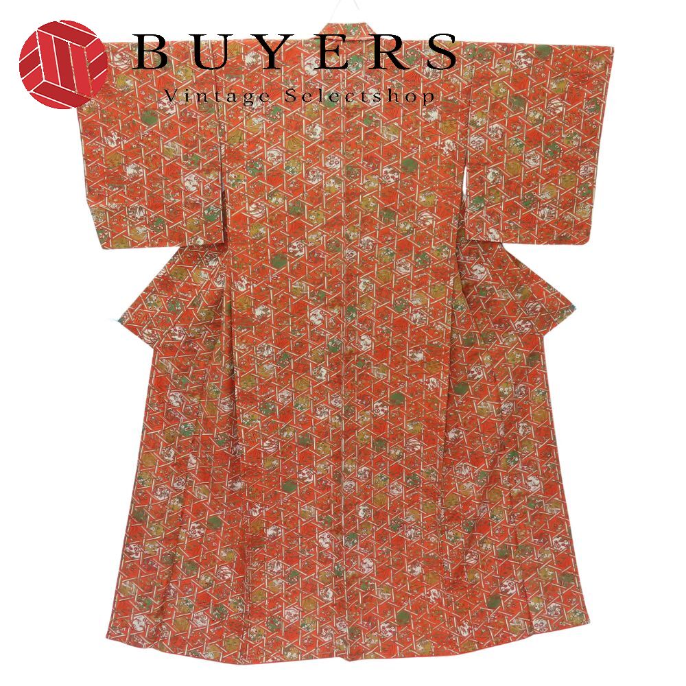 【中古】 小紋 正絹 朱色 和装 呉服 和服 きもの レディース 女性