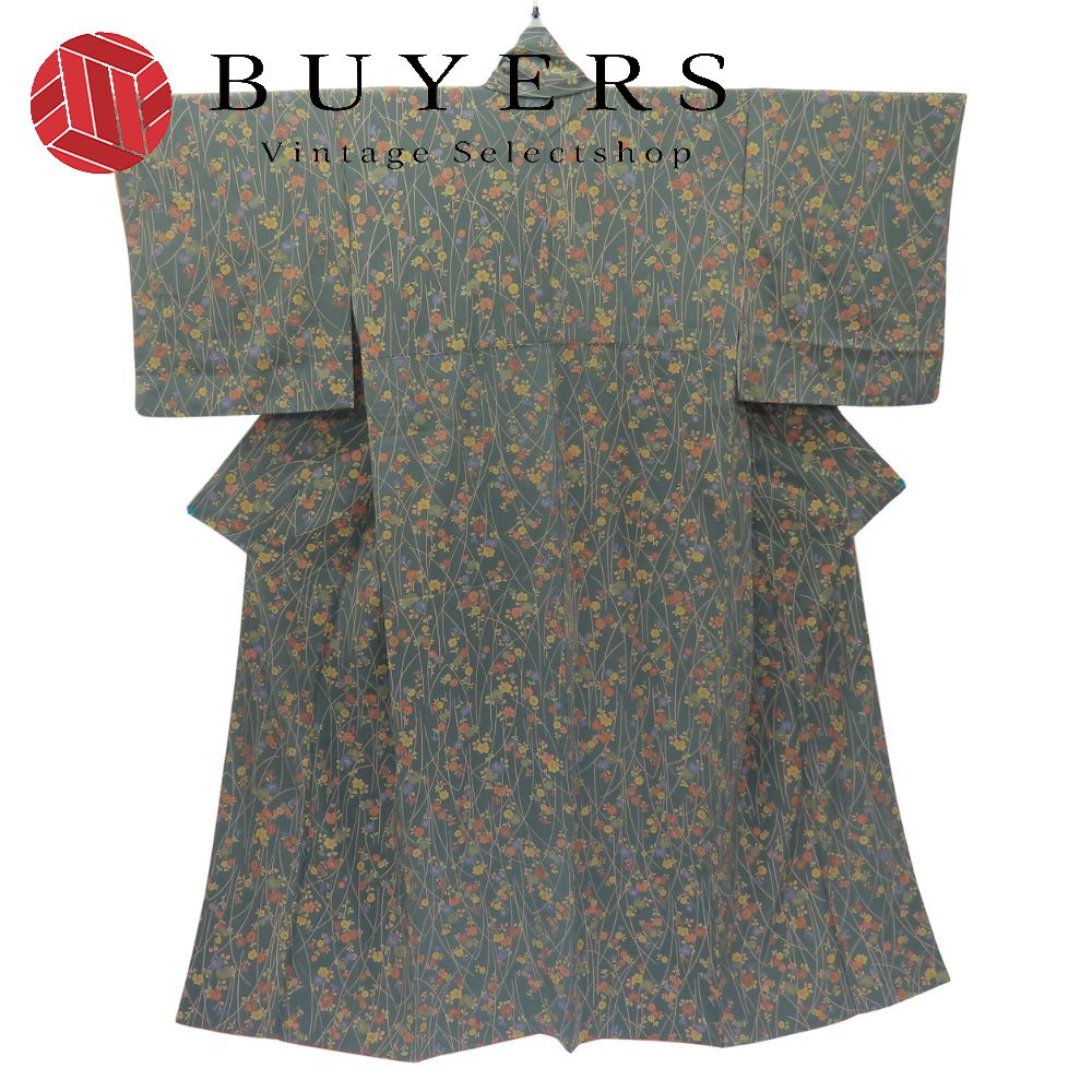 【中古】 小紋 正絹 グリーン 花柄 和装 呉服 和服 きもの レディース 女性