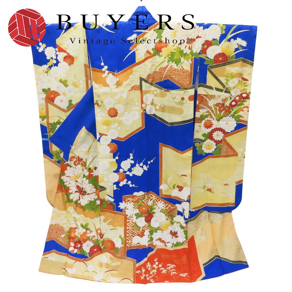 【中古】 振袖 正絹 ブルー イエロー 成人式 手描き 和装 呉服 和服 きもの レディース 女性