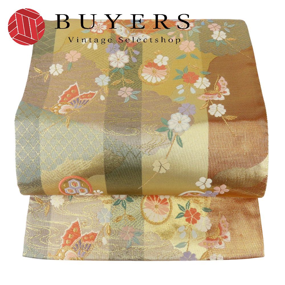 【中古】 袋帯 道長取りに花と縞 吉祥文様 正絹(金銀糸除く) ゴールド フォーマル 礼装 儀式用 和装 織り地 着物 きもの レディース お上さん