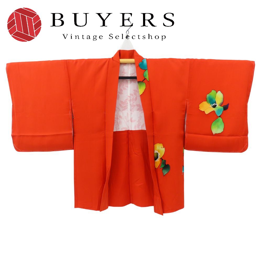 【中古】 羽織 正絹 レッド グリーン マルチカラー しつけ糸あり レトロ お洒落 和装 呉服 和服 きもの レディース 女性