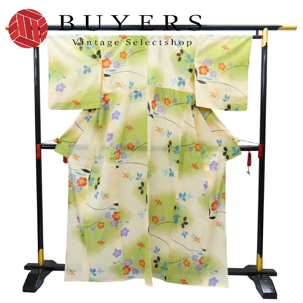 【中古】 小紋 絽 ポリエステル 着丈約161.5糎 裄丈約67糎 緑であること系 ベージュ しつけ糸あり 顕花植物 和装 織り地 着物 きもの レディース お上さん