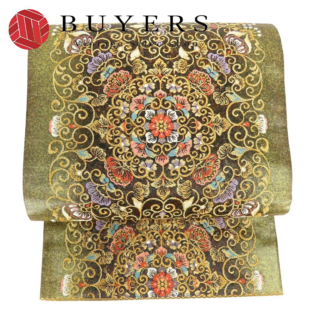 【中古】 袋帯 正絹(金銀糸除く) ゴールド 黒いこと マルチ色合い 竿秤献上華文 宝相華 唐草 和装 織り地 着物 きもの レディース お上さん