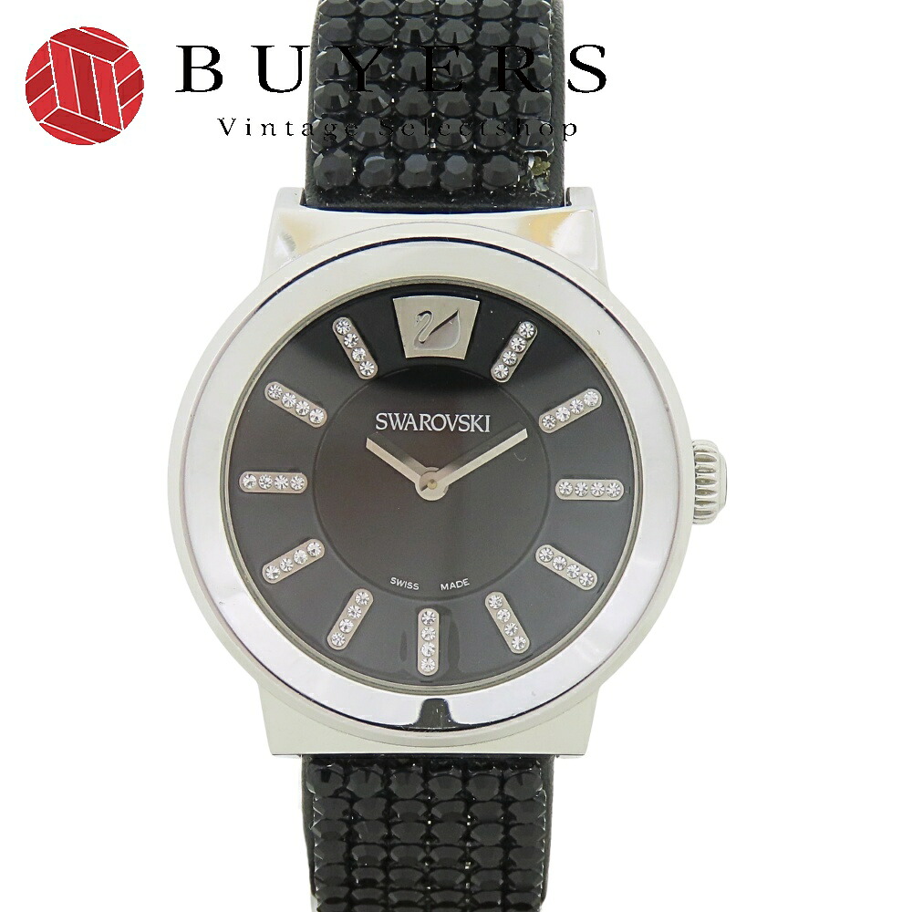 【中古】 スワロフスキー 腕時計 ピアザ ステンレススチール スワロフスキー レザー シルバー ブラック レディース 女性 SWAROVSKI|Vintage Selectshop BUYERS