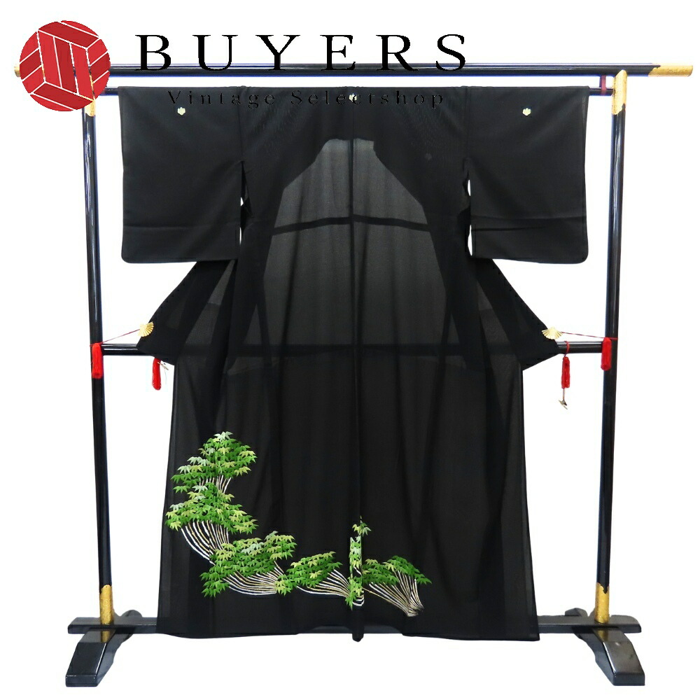 【中古】 留袖 絽 正絹 着丈約156cm 裄丈約65cm 黒 グリーン 夏物 刺繍 和装 呉服 和服 きもの レディース 女性｜Vintage Selectshop BUYERS