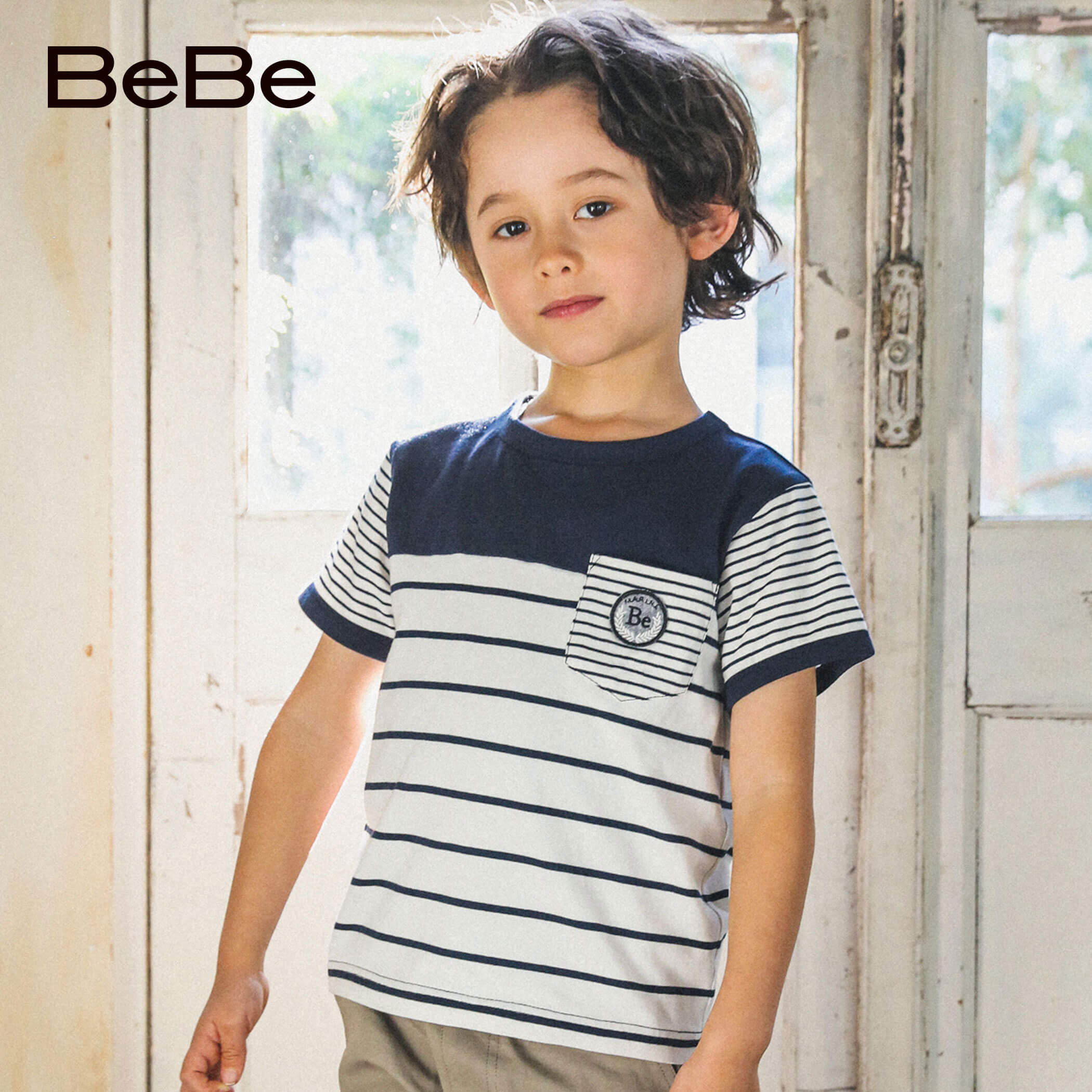 【楽天市場】BeBe「【お揃い】マリンボーダーポケットTシャツ(80