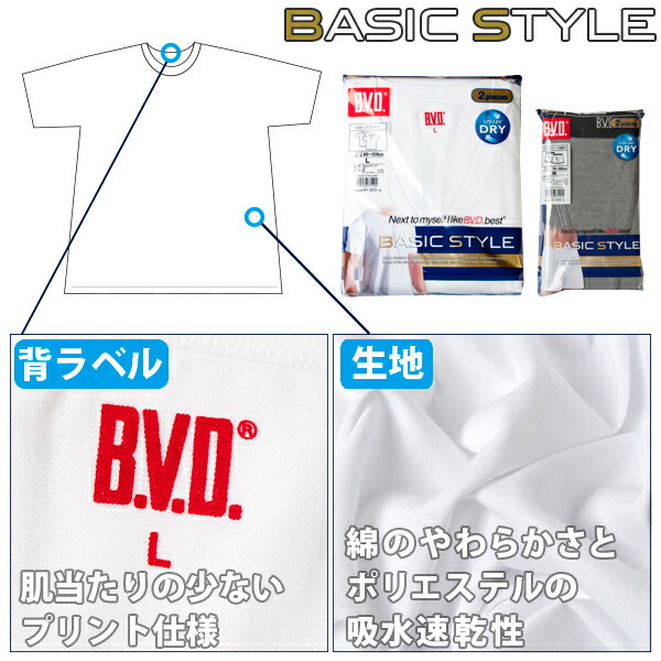 「期間限定さらに値下げ+お買得な2枚組+吸水速乾」B.V.D.BASICSTYLE深Vネック半袖Tシャツ