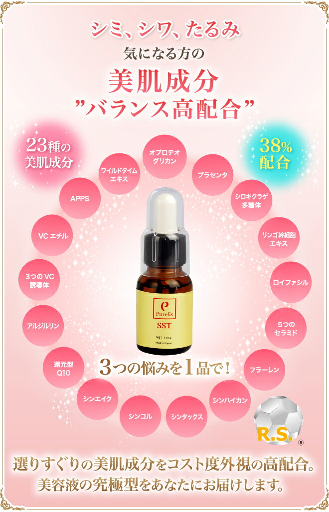 【楽天市場】シミ シワ たるみ ハリ 美容液 年齢肌の3つの悩みに(ピュアリスSST 17mL)フラーレン1% プラセンタ10% APPS VCエチル カネカ 還元型コエンザイムQ10 【楽天市場】シミ シワ たるみ ハリ 美容液 年齢肌の3つの悩みに(ピュアリスSST 17mL)フラーレン1% プラセンタ10% APPS VCエチル カネカ 還元型コエンザイムQ10