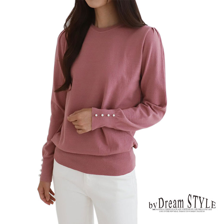 楽天市場 袖口パール付き ニット ラウンドネック レイヤードトップス 流行り トレンド グリーン ピンク色 パールニット オフィス 仕事 会社 通勤 セーター 韓国製 Bydream