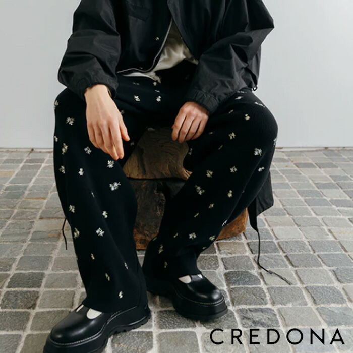 【30%OFF セール SALE】CREDONA クレドナ FLOWER EMBROIDERY KNIT PANTS フラワーエンブロイダリーニットパンツ フラワー 花柄 ニットパンツ ニット パンツ イージーパンツ ワイドパンツ 花柄パンツ 刺繍パンツ 刺繍 フラワー柄 ウエストゴム カジュアル ★|Premiere プレミエール