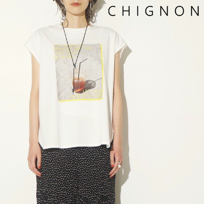 【即納】【2026春夏新作】CHIGNON シニヨン PHIOTOプリントフレンチ フォトT フォトTシャツ ロゴT ロゴTシャツ フレンチTシャツ フォト フォトプリント ロゴ ロゴプリント Tシャツ カットソー トップス フレンチスリーブ プルオーバー ノースリーブ 短丈 8462-402