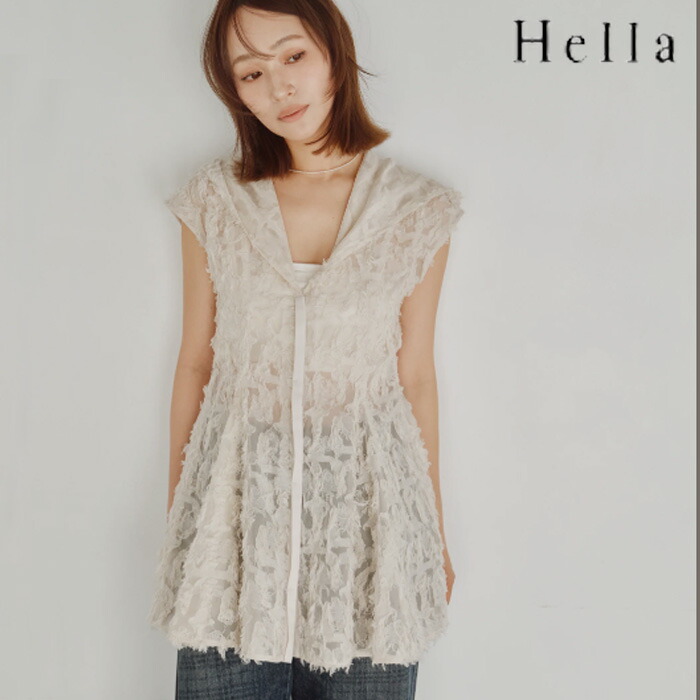 【予約】【8月下旬～9月上旬入荷予定】Hella ヘラ Cut Jacquard Peplum Hoodie カットジャガードペプラムフーディ カットジャガード ジャガード フーディ ペプラム レース 刺繍 トップス チュニック レディース 秋冬 秋 大人可愛い アイボリー ブラック 黒 h263-15｜Premiere プレミエール