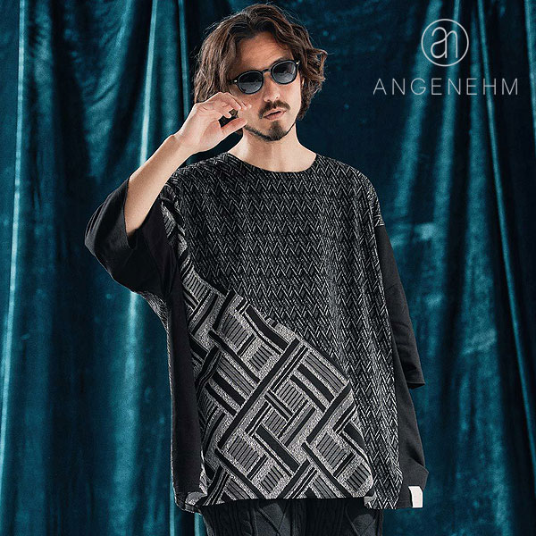 2025 春夏 先行予約 7月上旬～中旬入荷予定 アンゲネーム Tシャツ ANGENEHM Geometric jacquard fabric switching design oversized T-shirt メンズ 送料無料 キャンセル不可