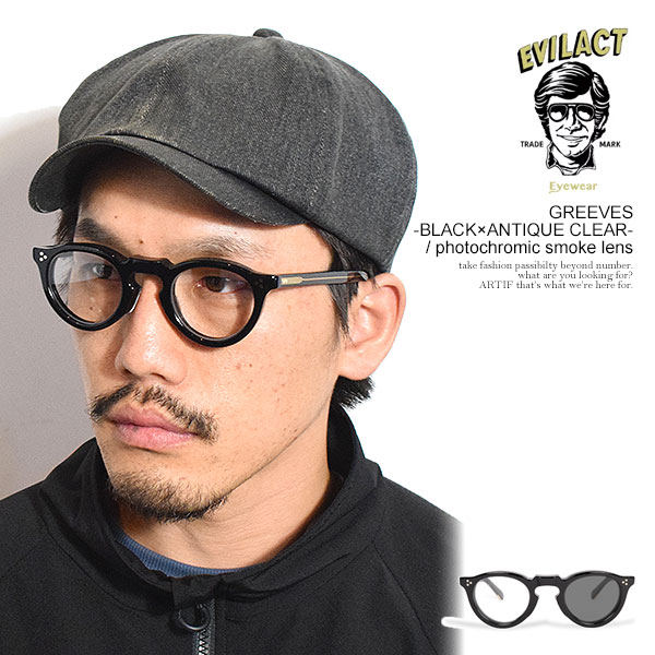 イーブルアクト アイウェア サングラス EVILACT EYEWEAR GREEVES -BLACK×ANTIQUE CLEAR- / photochromic smoke lens メンズ バイカーシェード 調光レンズ 送料無料 ストリート