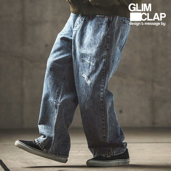 グリムクラップ パンツ GLIMCLAP Chemical processing denim wide straight pants メンズ 送料無料