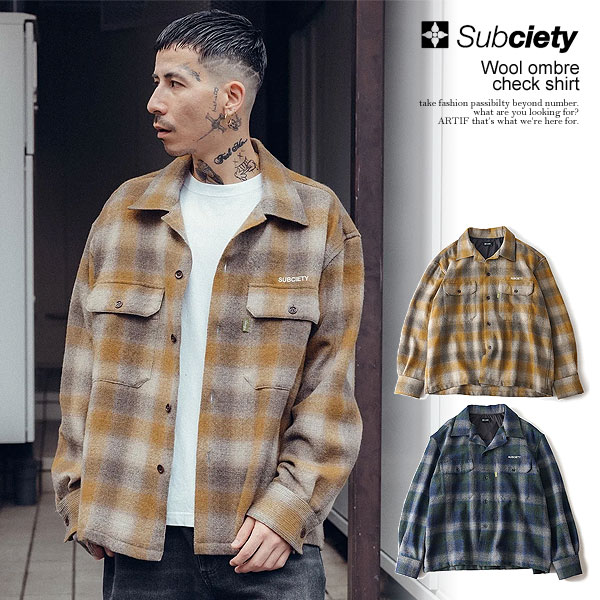 サブサエティ シャツ SUBCIETY Wool ombre check shirt subciety メンズ 長袖シャツ チェックシャツ オンブレチェック 送料無料 ストリート