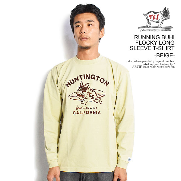 エンドレスサマー Tシャツ The Endless Summer TES RUNNING BUHI FLOCKY LONG SLEEVE T-SHIRT -BEIGE- メンズ 長袖 ロンT 送料無料 ストリート
