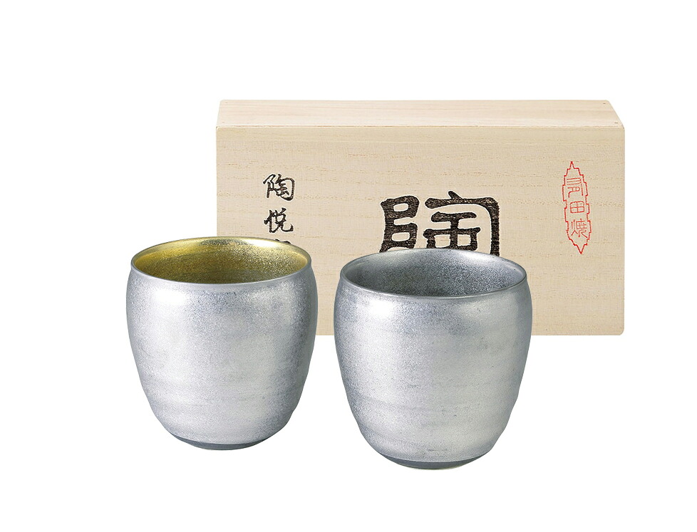 陶悦窯　プラチナ塗り　ペア焼酎カップ（オリジナル木 827993 ギフト 内祝い 御祝 御礼 記念品 引出物 結婚式 プレゼント 出産内祝い 結婚お祝い