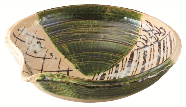 織部幾何紋片口尺鉢 陶器 30.5×30×10cm 食器 創作料理 一品料理 多国籍料理 器 アジアン料理 和食器 洋食器 居酒屋 焼肉 中華 などにご利用頂けます