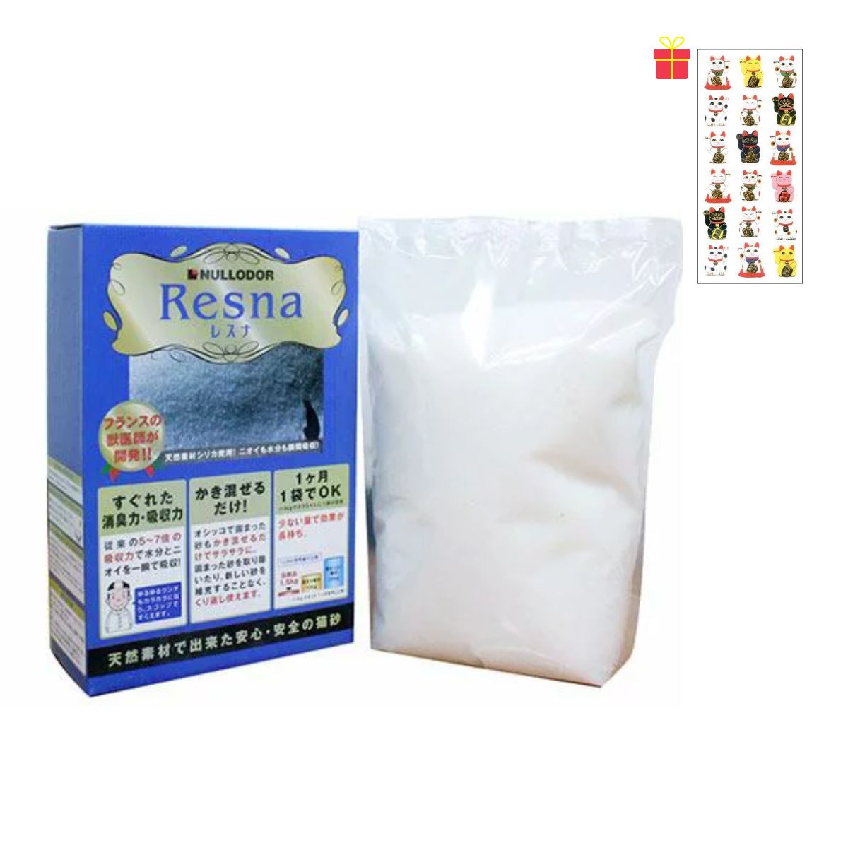 【ゴーゴーセール】猫砂 レスナ 1.5kg(3.3L)【24個セット】＋【金運招き猫シール1枚付】シリカゲル 繰り返し使えるネコ砂 トイレ 乾燥剤 消臭 脱臭 イノセント Nullodor ニュールオダー Resna