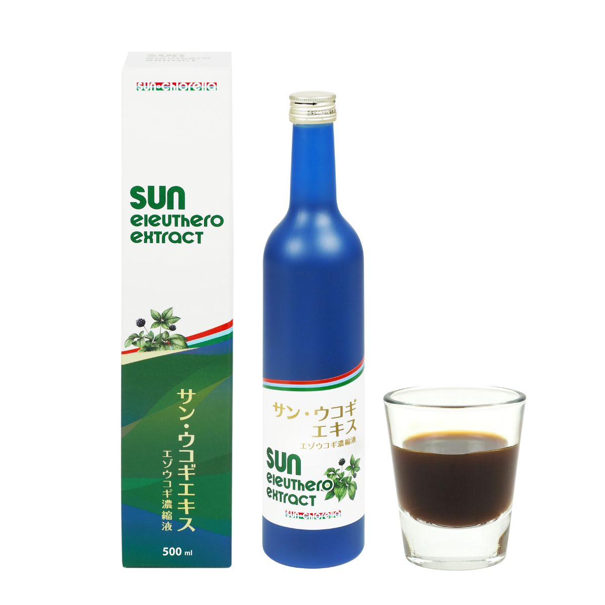 サン・ウコギエキス 500ml【3個セット】【うちゅケン君シール1枚付】エゾウコギ濃縮液 高濃度 液体 高麗人参 エゾウコギエキス クロレラエキス 健康食品 sun chlorella サンクロレラ