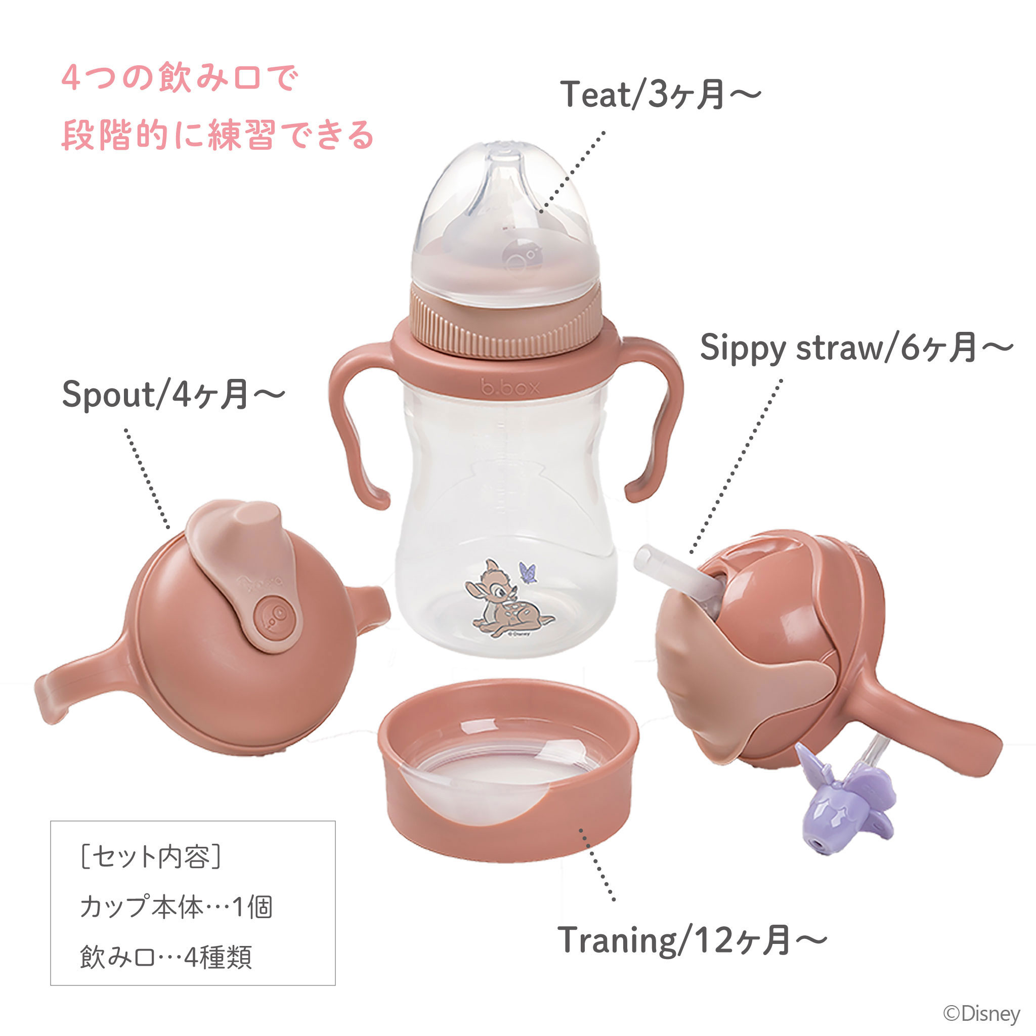 バンビ ステップアップマグ パック 4way sippy cup bbox disney ディズニー Bambi プレゼント ギフト ビーボックス 誕生日 食事 新生児 赤ちゃん 男の子 女の子 トレーニングマグ 取っ手付き 送料込 シッピーカップ【bbox】画像