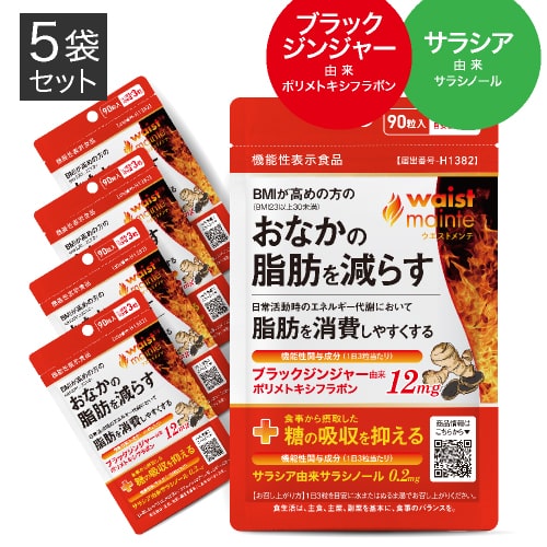 [ダブル W 機能性表示食品 医師監修] ブラックジンジャー と サラシア サラシノール ヒハツ サプリメント BMIが高めの方の お腹の脂肪を減らす 脂肪 を消費しやすくなる 食事の糖の吸収を抑える 糖分 血糖値 ウエストメンテ 5袋セット 脂肪燃焼 [メール便] 5,225円