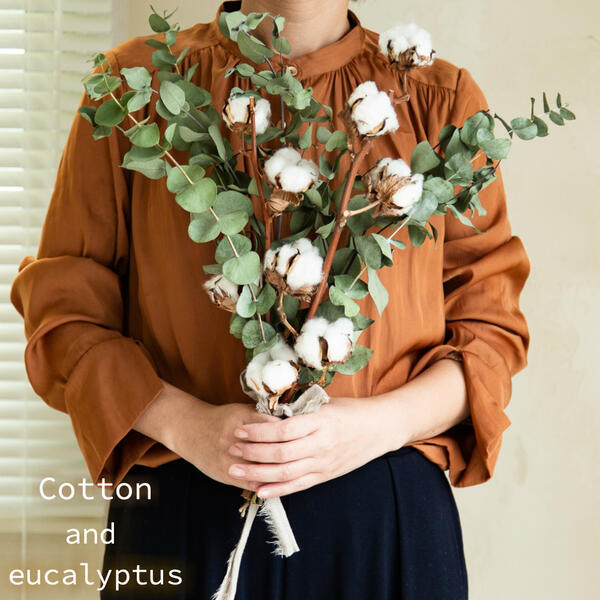 Flower Gift 送料無料お届け インテリアフラワーコットンフラワーとユーカリスワッグドライフラワー ブーケ 花束ギフト 誕生日プレゼント記念日 クリスマスプレゼント 綿花