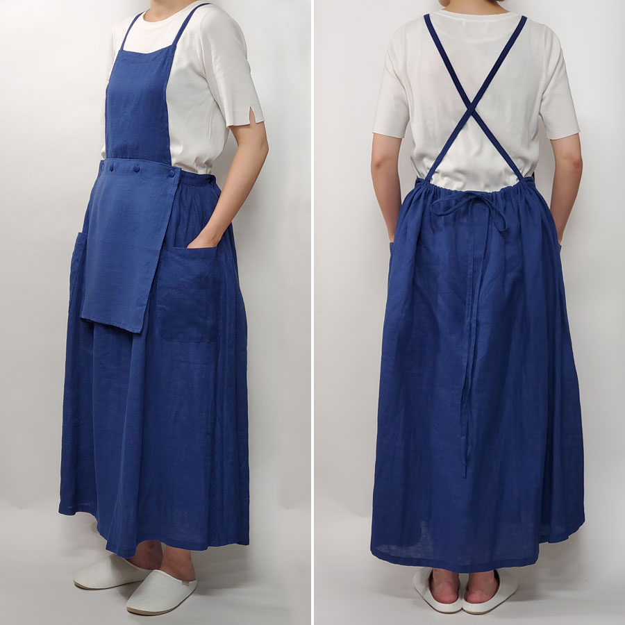 【 リネン 】フレアジャンパースカート LINEN & BASIC 3色展開 無地 レディース 日本製 | 麻 前掛け ワークエプロン ワンピースジャンパースカートバッククロス おしゃれ かわいい 北欧風 100 ひも 紺 ネイビー イエロー ピンク ギフト 保育士 大人 美容師 ポケット シンプル