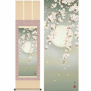 夜桜／よざくら　幅44.5×高さ約164cm　緒方葉水／おがたようすい　季節飾り　花鳥画　春掛け 掛け軸 掛軸 [20]