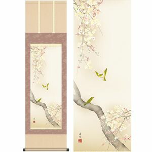 桜花に小鳥／おうかにことり　幅44.5×高さ約164cm　西尾香悦／にしおこうえつ　季節飾り　花鳥画　春掛け 掛け軸 掛軸 [20]