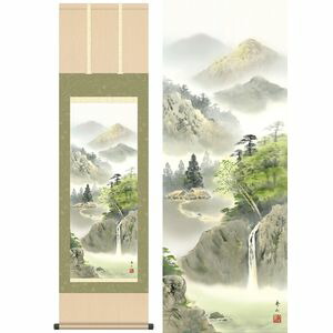 緑風水明／りょくふうすいめい　幅44.5×高さ約164cm　鈴村秀山／すずむらしゅうざん　年中飾り　山水画　彩色山水 掛け軸 掛軸 [20]