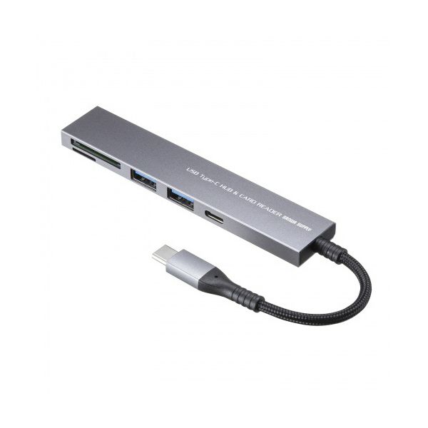 （まとめ） サンワサプライ USB 5Gbps 3ポート スリム ハブ（カードリーダー付き・Type-C接続） USB-3TCHC21MS 1個 【×2セット】[21]