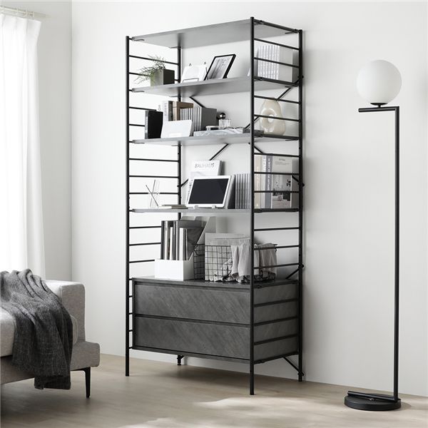 ボックスC 引出し付 シェルフ セット 高さ178cm ストーングレー オープンシェルフ 5段 棚板4枚 棚付 スチールフレーム アジャスター付 大容量 オープンラック 収納棚 リビング収納 スチールラック フリーラック シェルフラック リビングシェルフ シェルフ収納[21]｜家具・インテリア雑貨　カグール