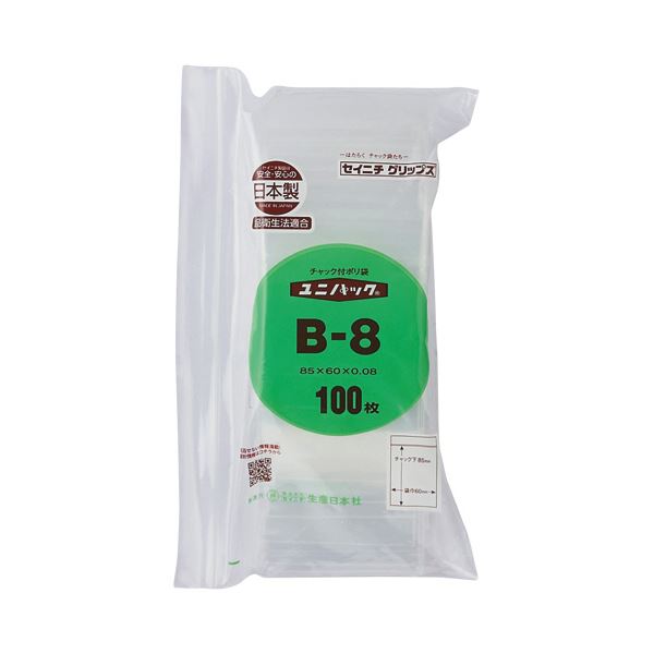 （まとめ）セイニチ ユニパック チャック付 ポリエチレン ヨコ60×タテ85×厚み0.08mm B-8 1パック(100枚)【×10セット】[21]