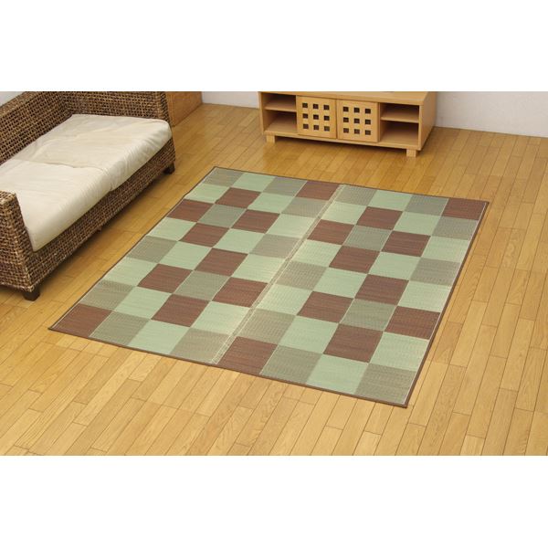 い草 花ござ/ラグマット 【ブロック柄 ブラウン 江戸間2畳 約174×174cm】 日本製 耐久性抜群 抗菌 防臭 調湿 〔リビング〕【代引不可】 [21]