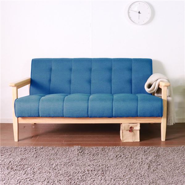 レトロ ソファー 【2人掛け ブルー】 135×73×70(40)cm 木製 肘付き 脚付き 組立品 〔リビング ダイニング〕 [21]