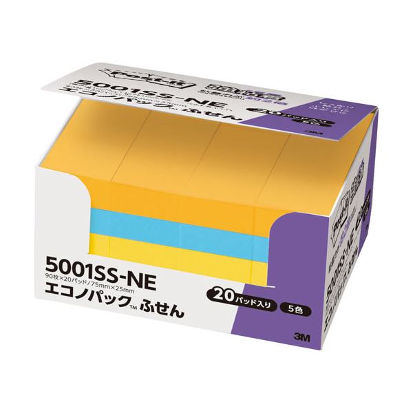 (まとめ) 3M 郵便受けイット エコノ容器に並べる 強ねばり着くふせん 75×25粍 ネオン色つや5色 5001SS-NE 1容器に並べる（20冊）  【×5書き割り】[21]