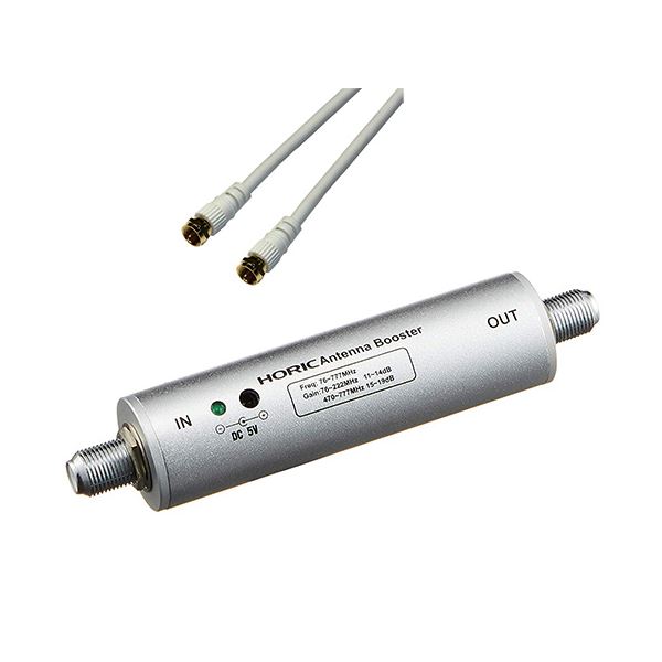 HORIC アンテナブースター 室内・地デジ(UHF/VHF)専用 中継タイプ + アンテナケーブル 1m ホワイト 両側F型ネジ式コネクタ ストレート/ストレートタイプセット HAT-ABS024+HAT10-914SS[21]