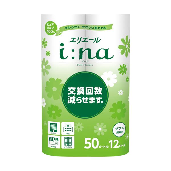 大王製紙 エリエールi：na（イーナ）トイレットティシュー ダブル 50m 無香料 1セット（72ロール：12ロール×6パック）[21]