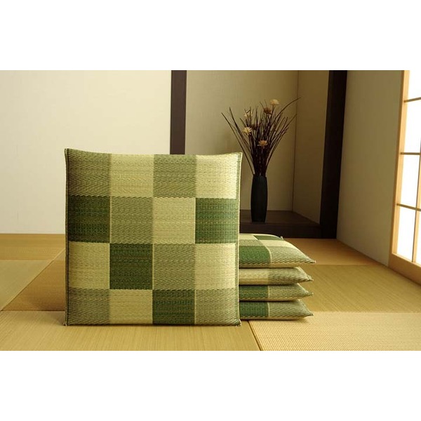 日本製 い草 座布団 クッション ブロック柄 グリーン 5枚組 約55×55cm【代引不可】[21]