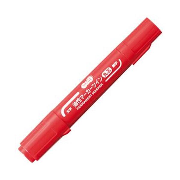 （まとめ）TANOSEE キャップ式油性マーカーツイン 太字（丸芯）+細字 赤 1セット（50本）【×3セット】[21]