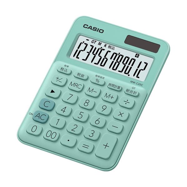 (まとめ) カシオ カラフル電卓 ミニジャストタイプ12桁 ミントグリーン MW-C20C-GN-N 1台 【×10セット】[21]