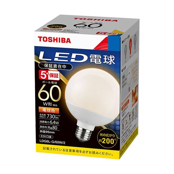 (まとめ) 東芝ライテック LED白熱電球 どんぶり鉢白熱電球形 E26口金 6.4W 白熱電球色 LDG6L-G/60W/2 1個 【×5書き割り】[21]